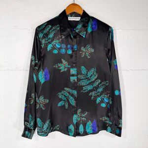 Vtg Norton McNaughton 90s Satin Botanical Blouse Black Teal Leaf Print Top L